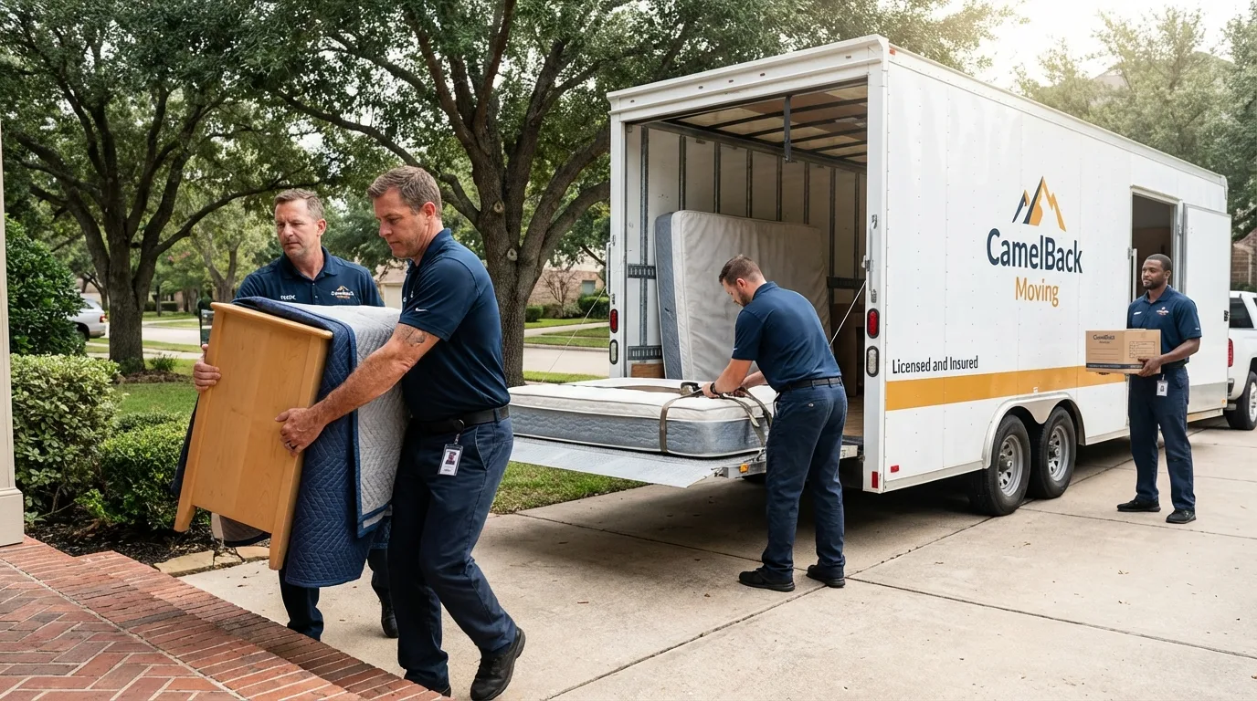 Crew loading residential truck for cross-state move from West Islip, NY