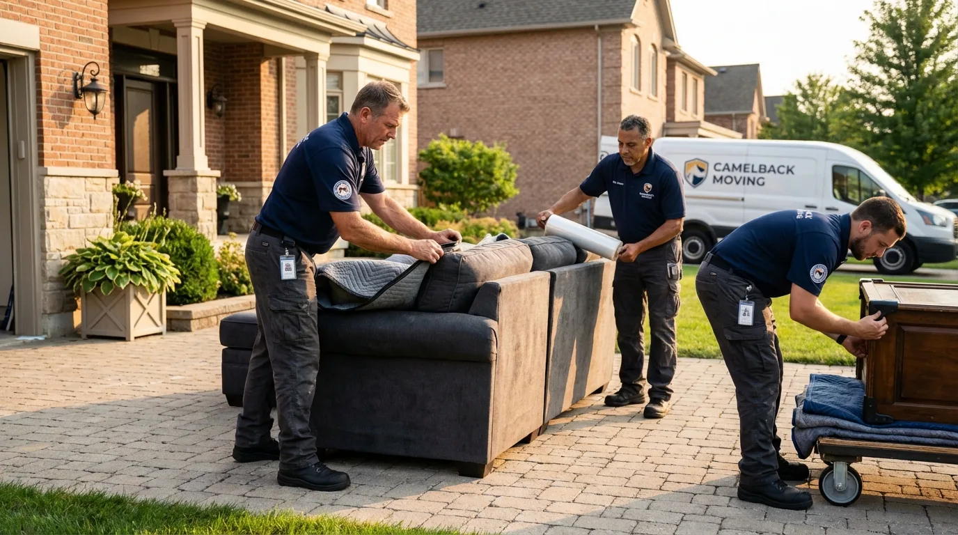 Large estate moving crew wrapping furniture in West Islip, NY