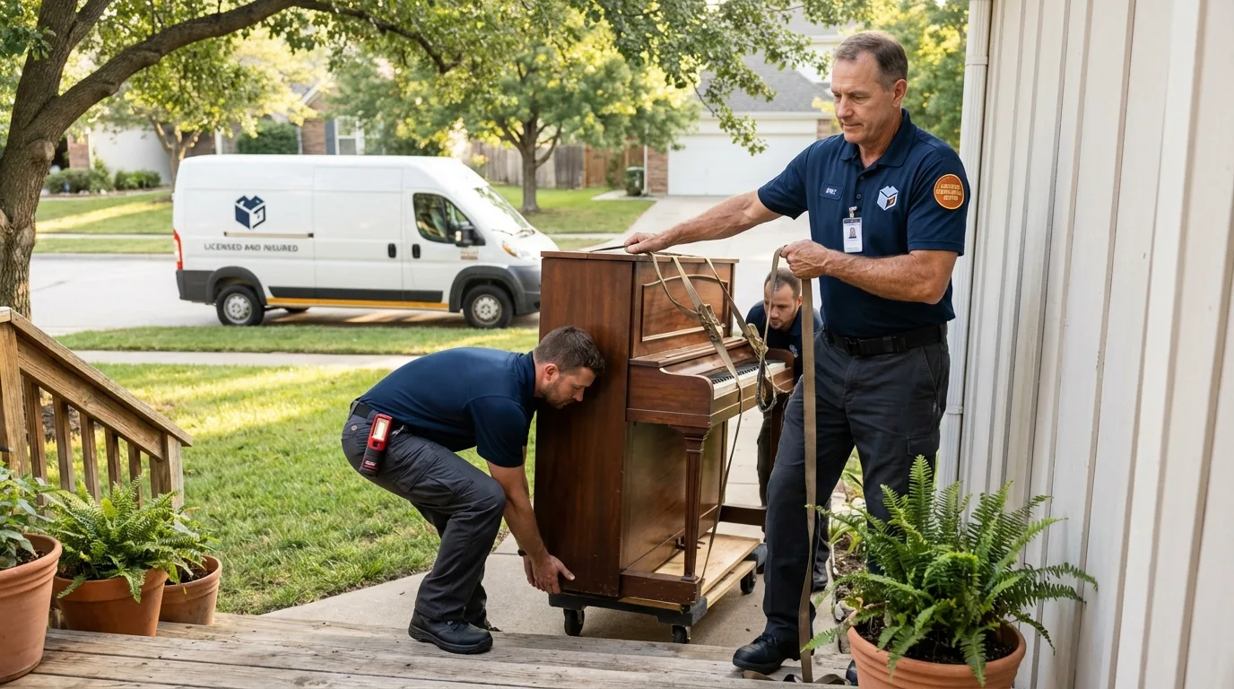 Licensed piano movers securing grand piano in West Islip, NY