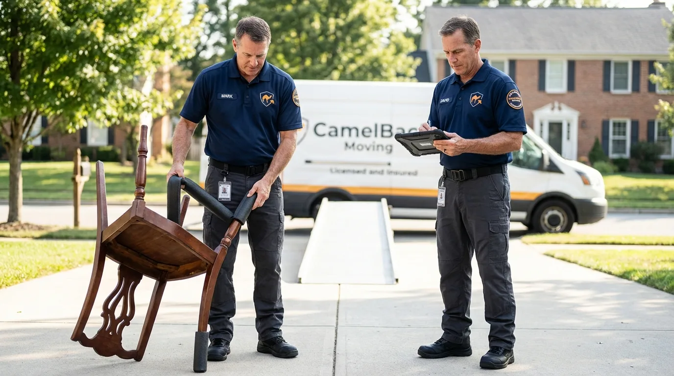 Movers inspecting furniture for damage prevention before loading in West Islip, NY