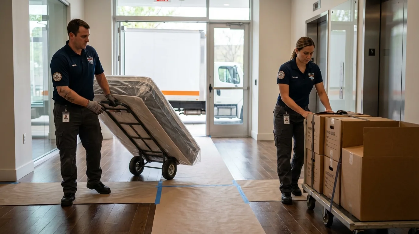 Professional apartment movers loading elevator in West Islip, NY