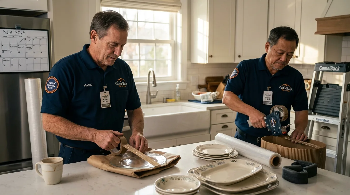 Professional crew packing kitchen dishware in West Islip, NY